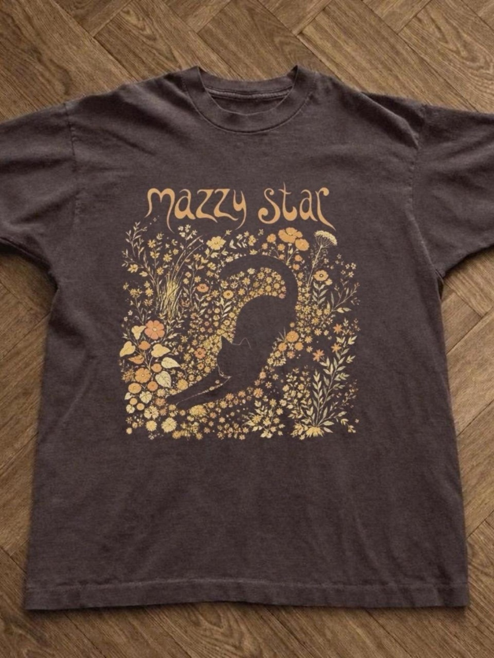 Gildan Brown Short-Sleeve Tee with Yellow-Orange Floral Cat Graphic